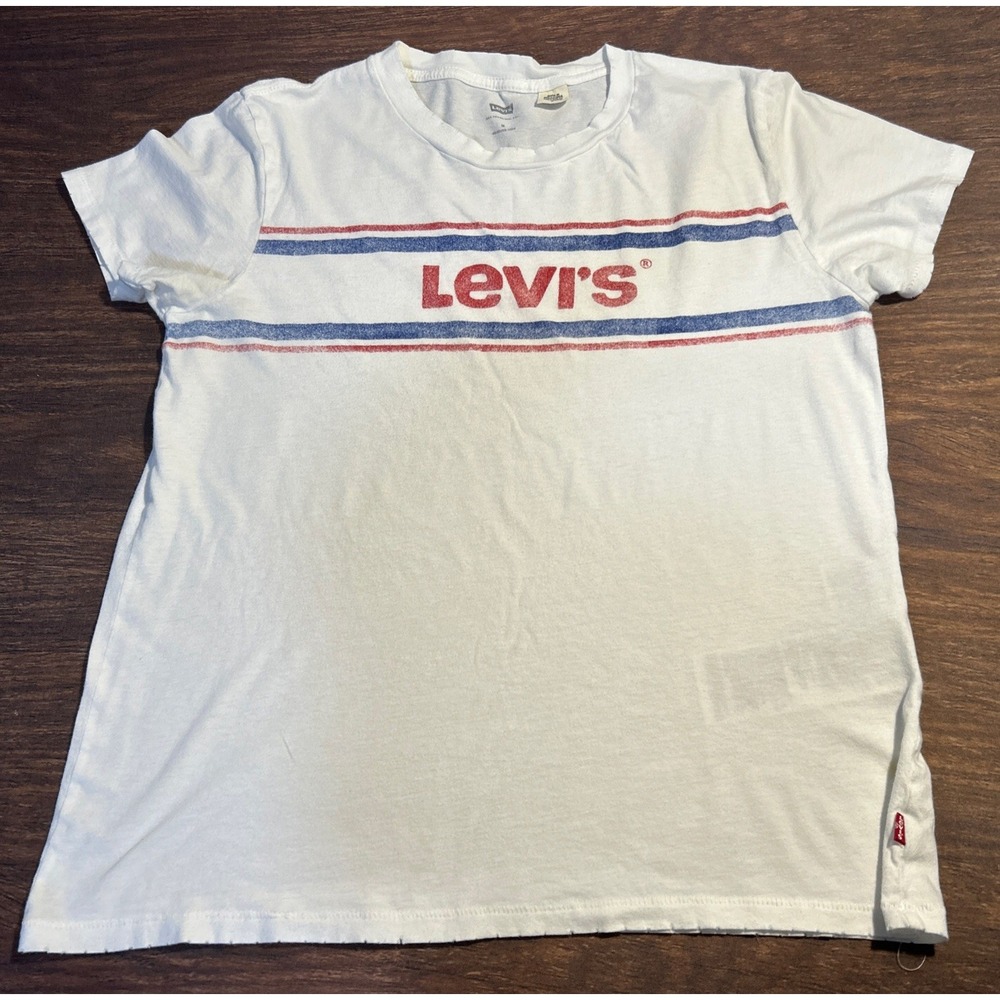 Levi's Reissued T-Shirt Size M White with Red/Blue Logo Small Stain
